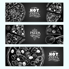 Pizza top view, vertical banner collection. Italian food menu design template. Vintage hand drawn sketch vector illustration. Engraved style design for pizzeria menu.