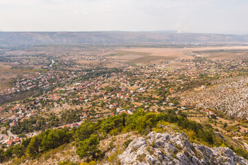 View from the top of the mountain on the town of Blagaj on a sunny day. Bosnia and Herzegovina