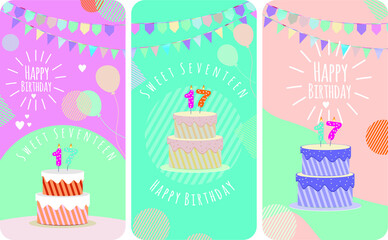 Happy birthday cake and party flag background