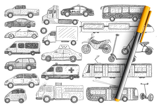 Types of vehicles doodle set. Collection of hand drawn cars buses scooters police car trucks trolleybus moped isolated on transparent background. Illustration of transport modes and car kinds on road