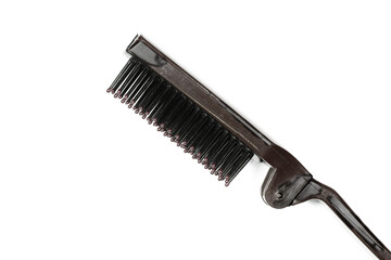 old foldable plastic comb side view on white background isolated