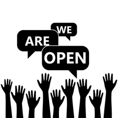 We are Open. Speech bubble with hands icon isolated on white background