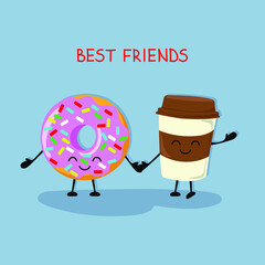 Coffee, donut. Vector illustration of comic characters best friends . Use in the menu, in the shop, in the bar, the card or stickers.