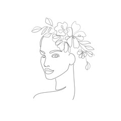 Woman Head with Flowers Line Vector Drawing. Style Line Art Template with Female Face with Flowers. Modern Minimalist Simple Linear Style. Beauty Fashion Design