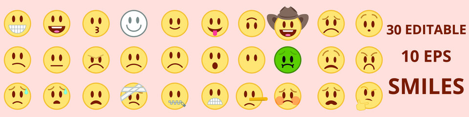 Big set of 76 colorful editable smiles. Vector smiles. On colorful background. Each editable icon is 410*350 px. Smiles. Smiling and crying faces. Application smiles vector