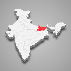 Bihar state location within India 3d map