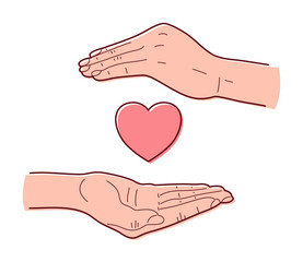 Heart between two hands. Design of a postcard for Valentine's Day.