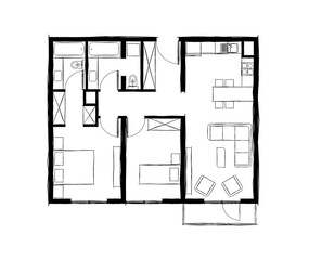 Illustration of two bedroom flat with open kitchen design and balcony with two bathrooms.  2BHK architectural plan drawing in hand sketch style.