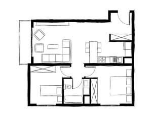 Illustration of two bedroom flat with open kitchen design and balcony with one bathroom.  2BHK architectural plan drawing in hand sketch style.