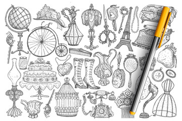 Retro vintage accessories doodle set. Collection of hand drawn vintage lamps, accessories, decorations, footwear, clothes, phone, mirrors, scissors gramophone wheels isolated on transparent background