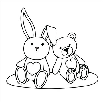 two soft toys are sitting side by side. rabbit and teddy bear. black and white picture coloring. Vector illustration on the background