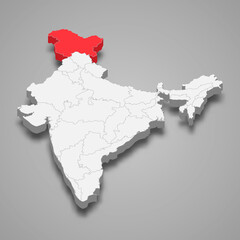 Jammu and Kashmir state location within India 3d map