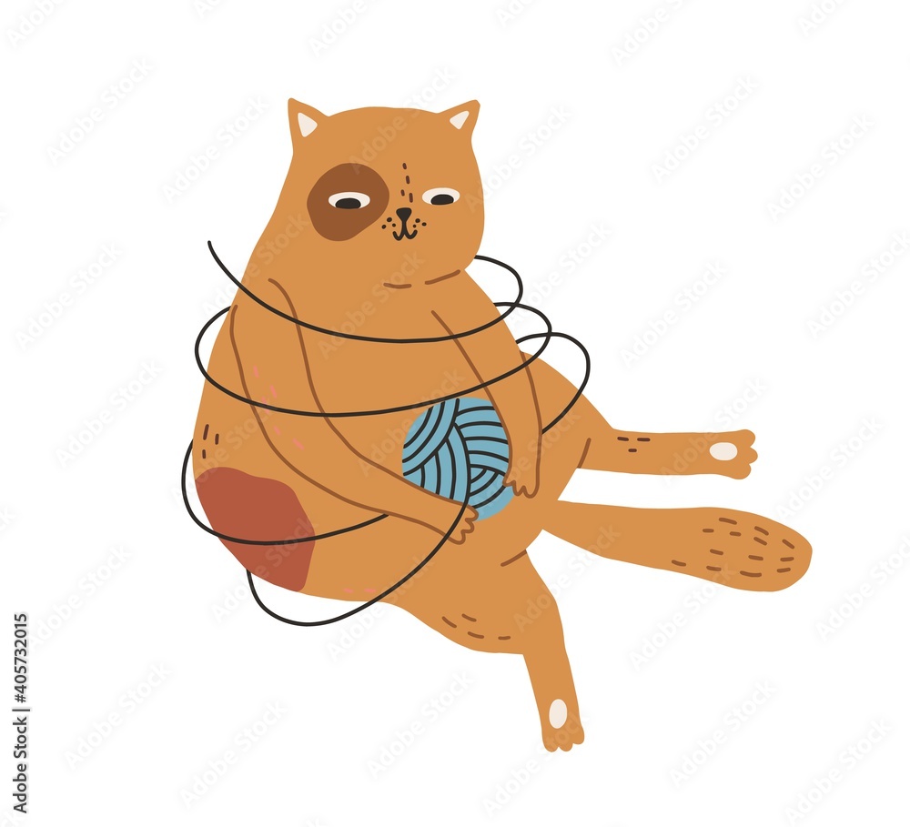 Poster Cute cat playing with yarn ball tangled in threads isolated on white background. Funny ginger kitty sitting with string around it. Colored flat vector illustration drawn in doodle style