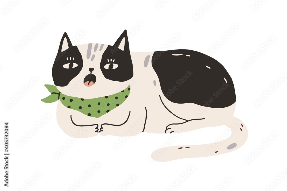 Poster cute sleepy cat yawning or meowing. funny lazy bored kitty lying and resting. sweet spotty kitten dr