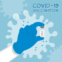 Coronavirus vaccine COVID-19. Small bottle in glove. Vaccine Concept of fight against coronavirus