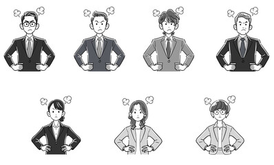 腰に手をあてて怒るビジネスマンとビジネスウーマンの上半身のセット
