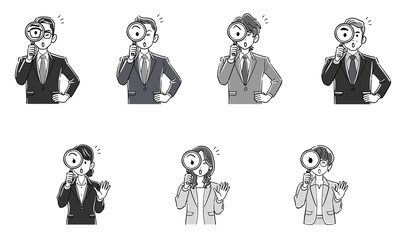 虫眼鏡を持つビジネスマンとビジネスウーマンの上半身のセット
