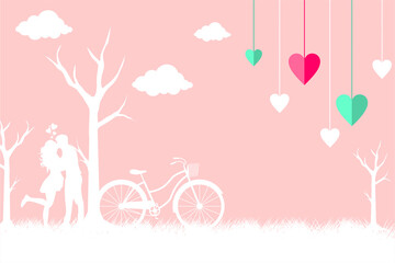 Happy Valentine, lovers, bicycles and autumn trees