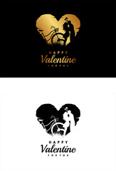 Happy Valentine with an illustration of a couple having a ride and a bicycle
