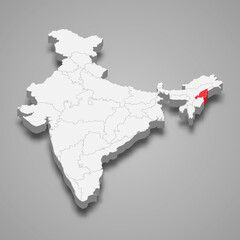 Nagaland state location within India 3d map
