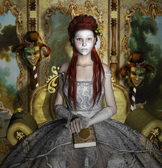 Young redhead woman with a pale makeup and a book