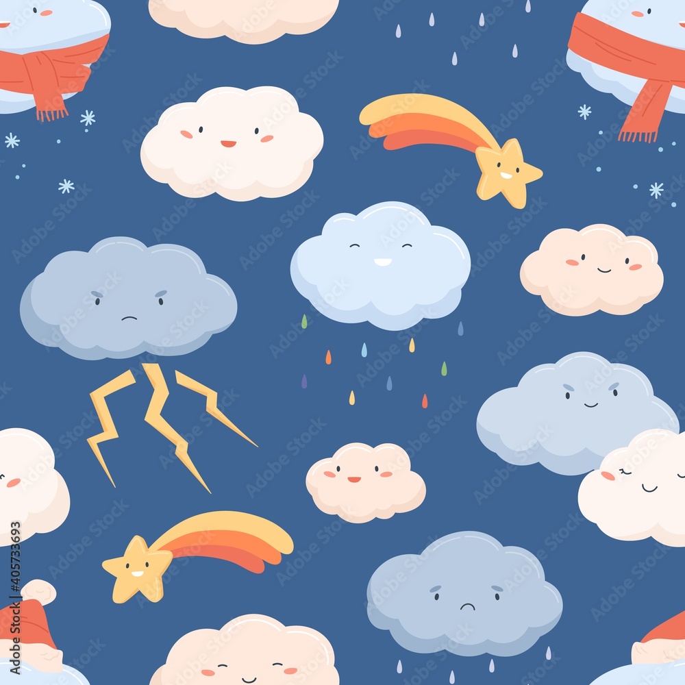 Poster seamless weather pattern with cute faces of clouds and stars. funny sweet characters with rain, snow