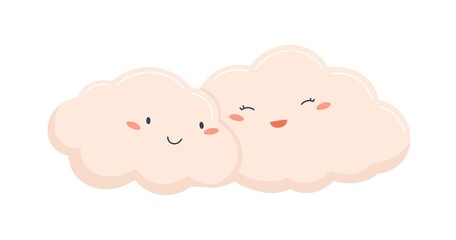 Couple of cute and funny pink clouds together. Cloudy weather. Baby sweet characters with happy faces. Childish colored flat vector illustration isolated on white background