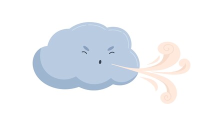 Cute blue cloud with funny angry face with blowing wind. Windy weather icon. Sweet baby character with gust of air from its mouth. Childish flat vector illustration isolated on white background