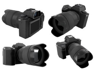 Concept of nonexistent DSLR camera with macro lens isolated on white background.