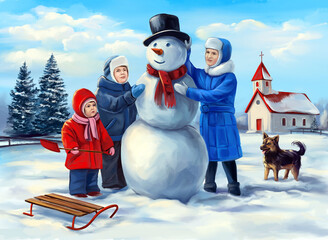 kids making snowman, winter outdoor games, festive christmas card, art illustration painted with watercolors