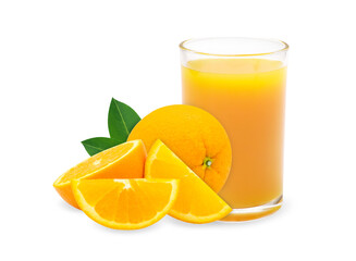 Fresh orange juice and orange fruit sliced with leaves isolated on white background with clipping path