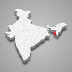 Tripura state location within India 3d map