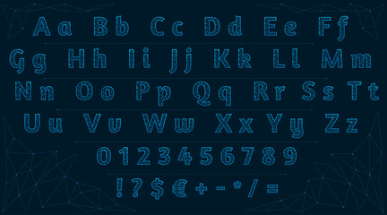 Low poly font. Polygonal letters, numbers and signs. Alphabet made of lines and dots on a dark blue background.