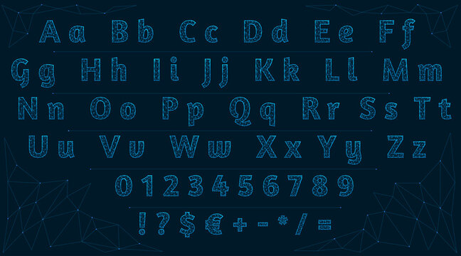 Low poly font. Polygonal letters, numbers and signs. Alphabet made of lines and dots on a dark blue background.
