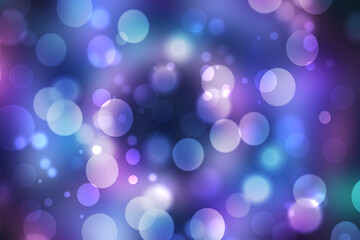 Abstract gradient blue pink violet background texture with blurred white bokeh circles and lights. Space for design. Beautiful backdrop.