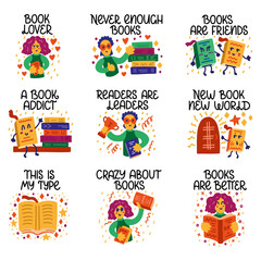 Cute colorful vector icons set with lettering for book lovers and readers. Books, man, woman, magic. Vector template for card, postcard, banner, poster, sticker and social media