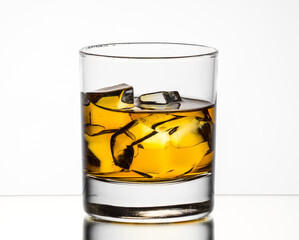 Whisky on the rocks on white background