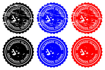 Galapagos Islands - rubber stamp - vector, Galapagos Islands (Archipielago de Colon) map pattern - sticker - black, blue and red