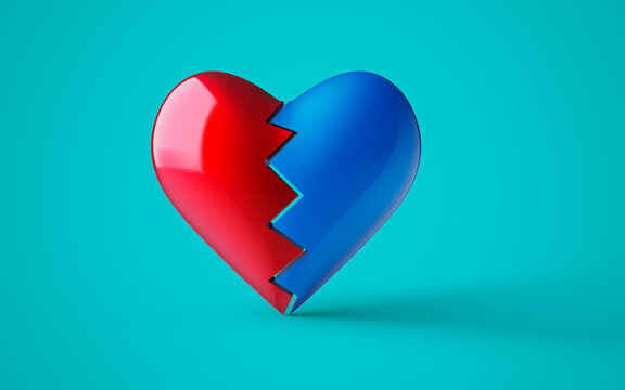 red and blue broken heart shape in 3d , on customizable background, 3d Render