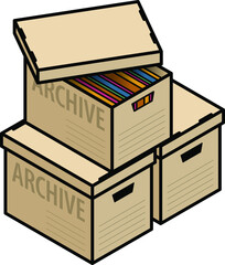 A stack of plain cardboard archive boxes, one with lid half off and showing multicolor folders/files.