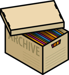 A plain cardboard archive box with lid half off and showing multicolor folders/files.