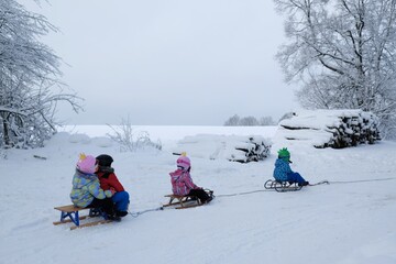 Young children go sledding on a sleigh ride along a beautiful snowy road in the forest.