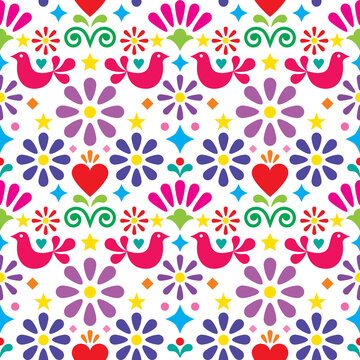 Mexican folk art vector seamless pattern, colorful textile of fabric print design with flowers, birds and hearts
 