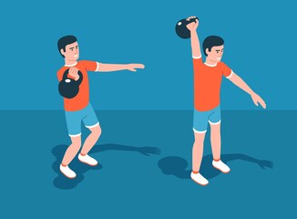 Athletic kettlebell training. Man pushes kettlebell. Weight Exercise. Vector isometric illustration.