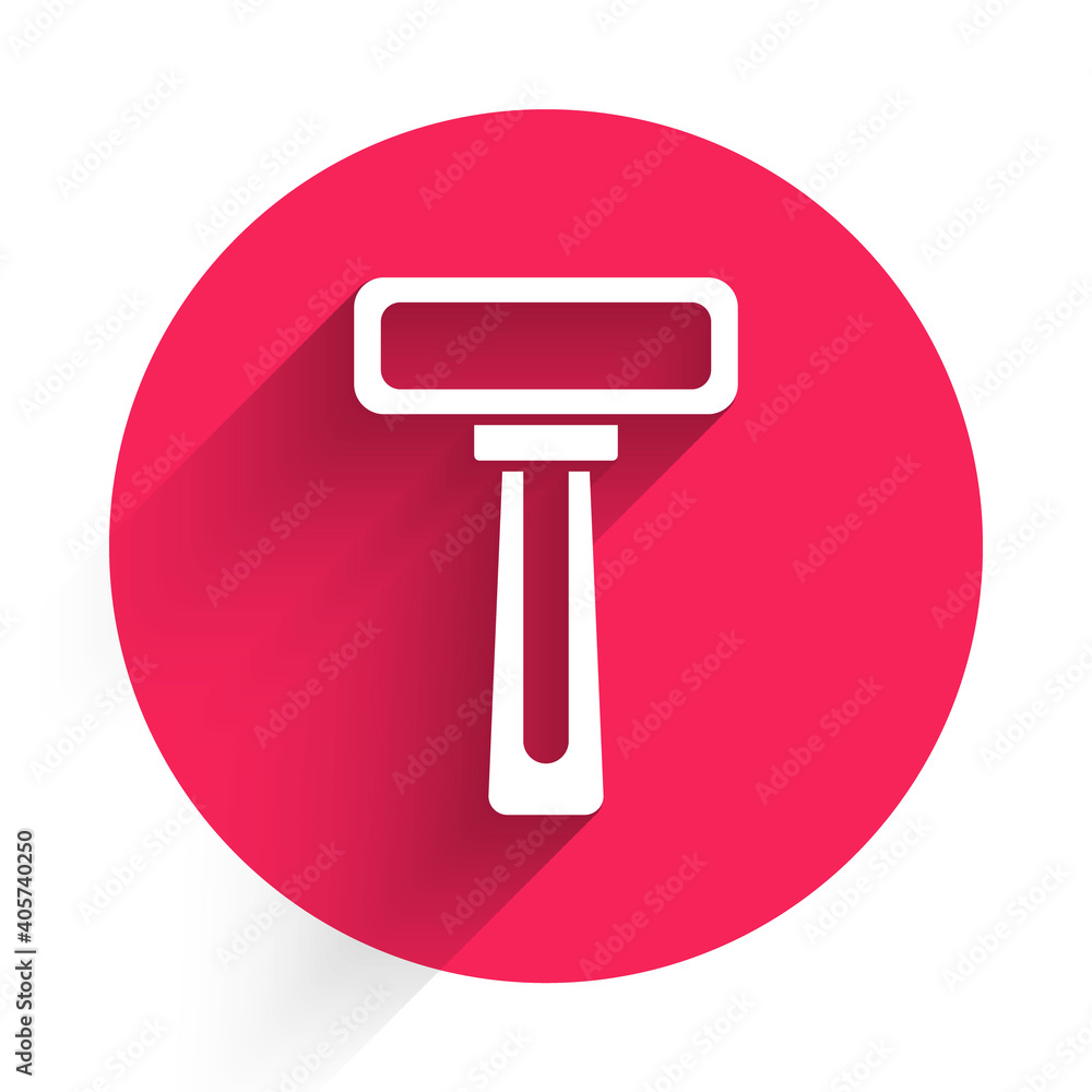 Poster white shaving razor icon isolated with long shadow. red circle button. vector.