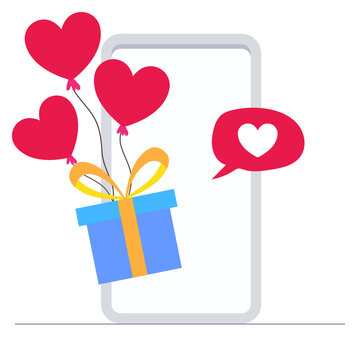 Gift box with hearts balloon pop-up from moile phone with love message.