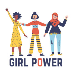Illustration of multicultural women. Concept of gender equality, feminism, diverse, movement. Vector illustration: women, text - girl power. International Women's Day. Perfect for card, poster, web