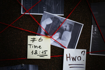 Detective board with crime scene photos, stickers, clues and red thread, closeup