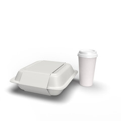 3D View food box and coffee cup on white background