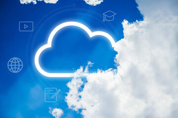 Cloud icons and effects in the clear sky. Downloading and uploading data. Storage technology...